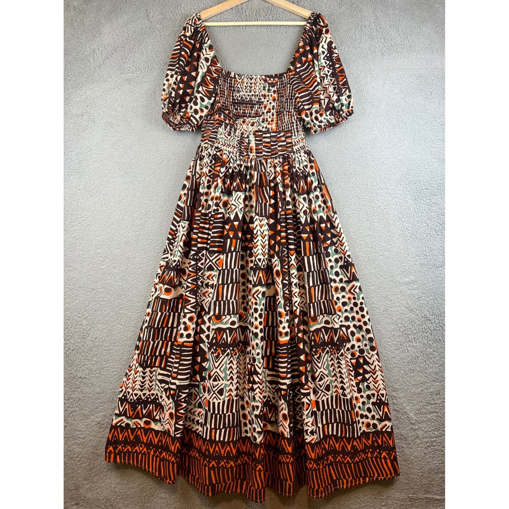 Truly 4 You Womens Medium Boho Smocked Maxi Dress Geometric Tribal Puff Sleeve